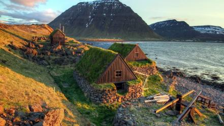 Iceland coast houses landscapes mountains wallpaper