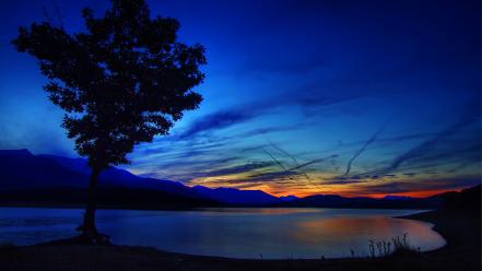 Lakes nature sunset trees wallpaper