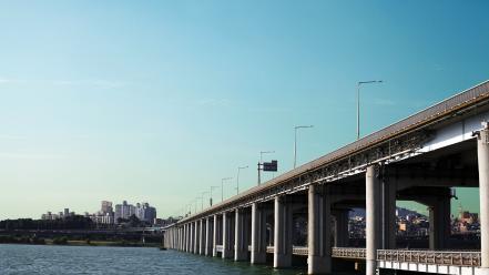 Seoul blue bridges cityscapes cyan wallpaper