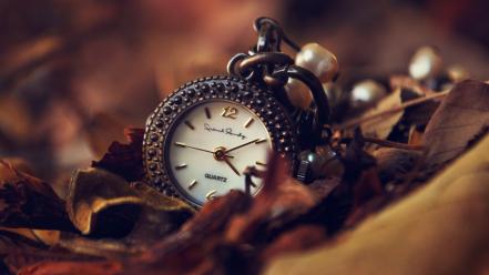 Clocks depth of field fallen leaves wallpaper