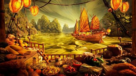 Digital art fantasy food landscapes ships wallpaper