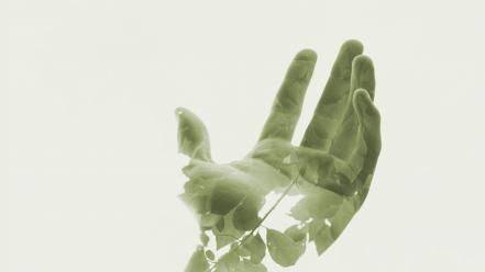 Double exposure green hands leaves minimalistic wallpaper