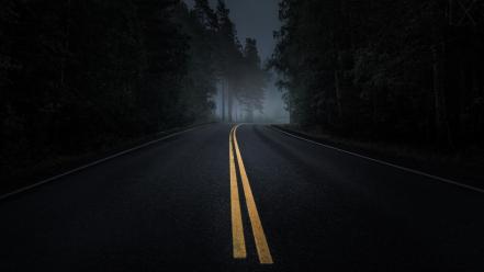 Fog forests natural roads wallpaper