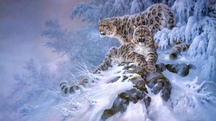 Artistic forests snow leopards winter wallpaper