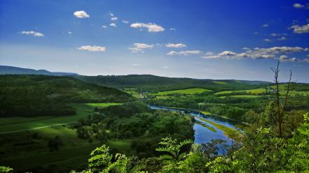 Clouds forests green hills landscapes wallpaper