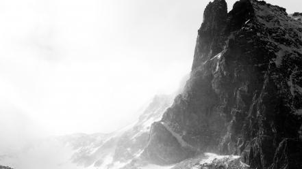 Fog grayscale mountains rocks wallpaper