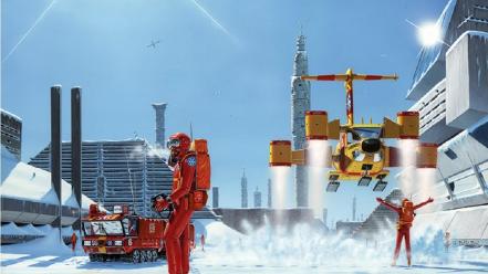 Peter elson artwork astronauts cityscapes futuristic wallpaper