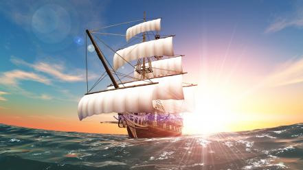 Rendering sun artwork ocean pirates wallpaper