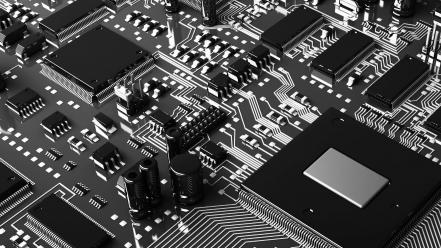 3d noir black and white circuits motherboards wallpaper