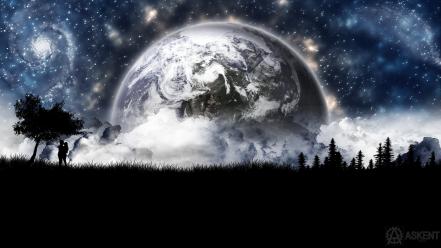 Earth planet clouds digital art forests wallpaper