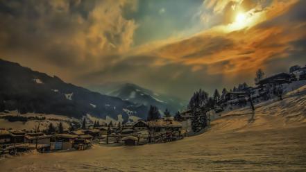 Austria mountains snow sunset villages wallpaper