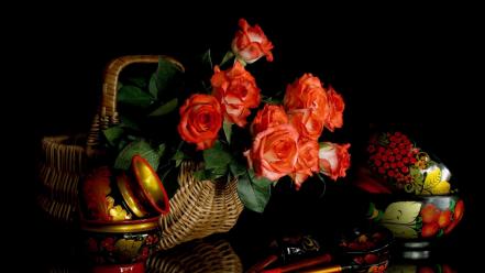 Baskets black background flowers nature roses wallpaper