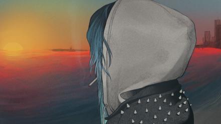 Blue hair cigarettes drawings hoodies sunset wallpaper