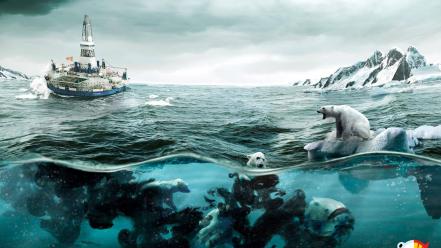 Oil rig animals ocean polar bears wallpaper