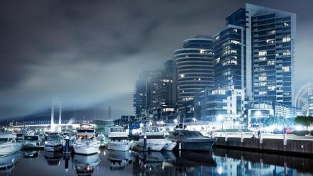 Blue cityscapes ships boats skyscrapers dockland wallpaper