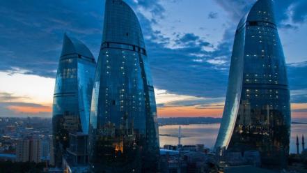 Futuristic architecture design buildings azerbaijan baku flame towers wallpaper