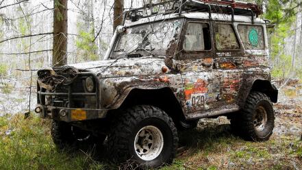 Trees forest cars uaz offroad russian russians wallpaper