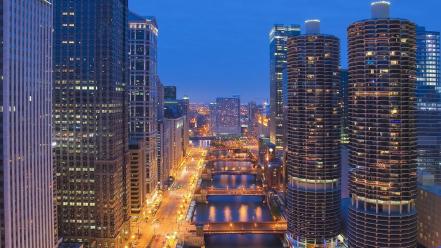 Chicago nocturnal architecture buildings city lights wallpaper