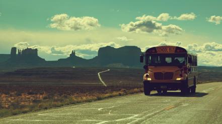 Clouds landscapes mountains roads school bus wallpaper