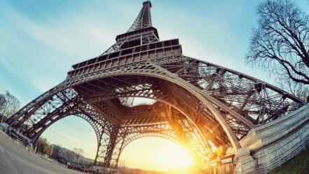 Eiffel tower paris sun fisheye effect low-angle shot wallpaper