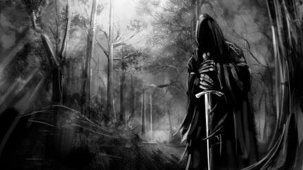 Gothic black and white death forests swords wallpaper