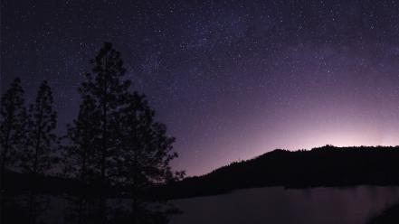 Lakes night skyscapes stars trees wallpaper