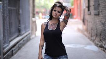 Brunettes tattoos women urban people piercings portraits wallpaper