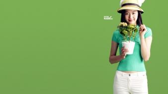 Women models asians korean hats simple background green wallpaper