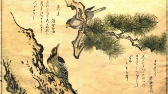 Birds japanese artwork kanji woodpecker kitagawa utamaro wallpaper