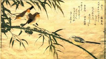Birds leaves japanese artwork long-tailed tit kitagawa utamaro wallpaper