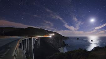 Light ocean stars moon california roads night sky wallpaper