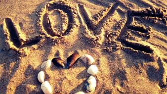 Love beach sand sunlight hearts seashells writing wallpaper