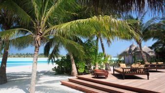 Maldives furniture palm trees huts wooden floor wallpaper