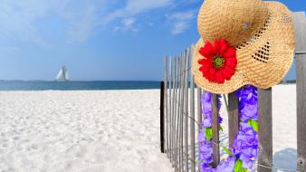 Sand fences straw hat hats red flowers wallpaper