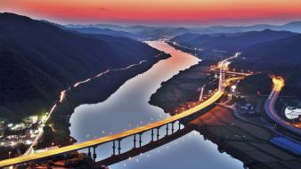 Sunset bridges city lights rivers south korea view wallpaper