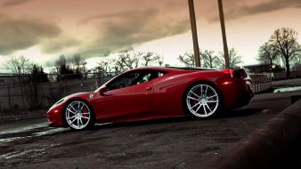 Water black streets red cars ferrari parking vehicles wallpaper