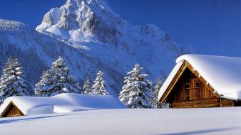 Cabin landscapes mountains snow winter wallpaper