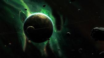 Asteroids green outer space planets rings wallpaper