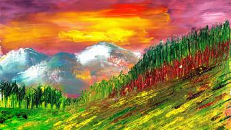 Mountains nature paintings trees wallpaper