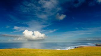 Blue skies clouds grass landscapes wallpaper