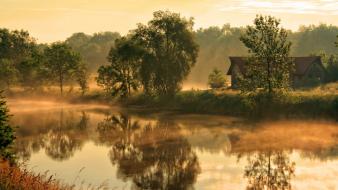 Flat houses landscapes mist morning wallpaper