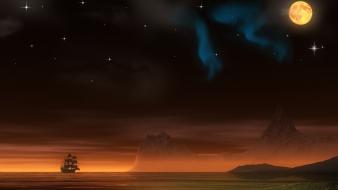 Moon aurora borealis night pirate ship planets wallpaper