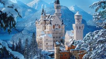 Neuschwanstein castle mountains retreat snow wallpaper