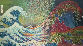 Wave off kanagawa artwork pixelated rainbows sea wallpaper
