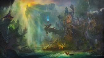 Shuxing li artwork boats cityscapes fantasy art wallpaper