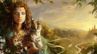 Animals artwork cats fantasy art flowers wallpaper