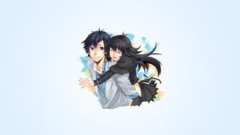 Boys closed simple background girls black hugging wallpaper