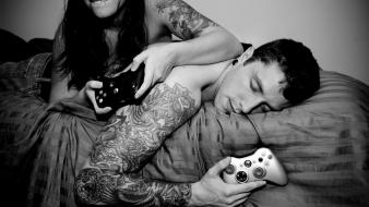 Tattoos couple xbox controller game on the bed wallpaper