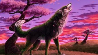 Fantasy art trees wolf howling