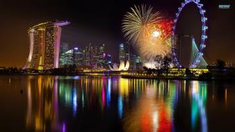 Singapore cityscapes colors fireworks reflections wallpaper